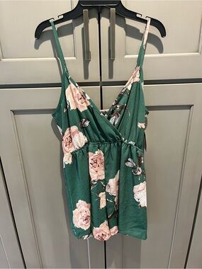 Zaful Green Floral Romper with Pink Rose Print